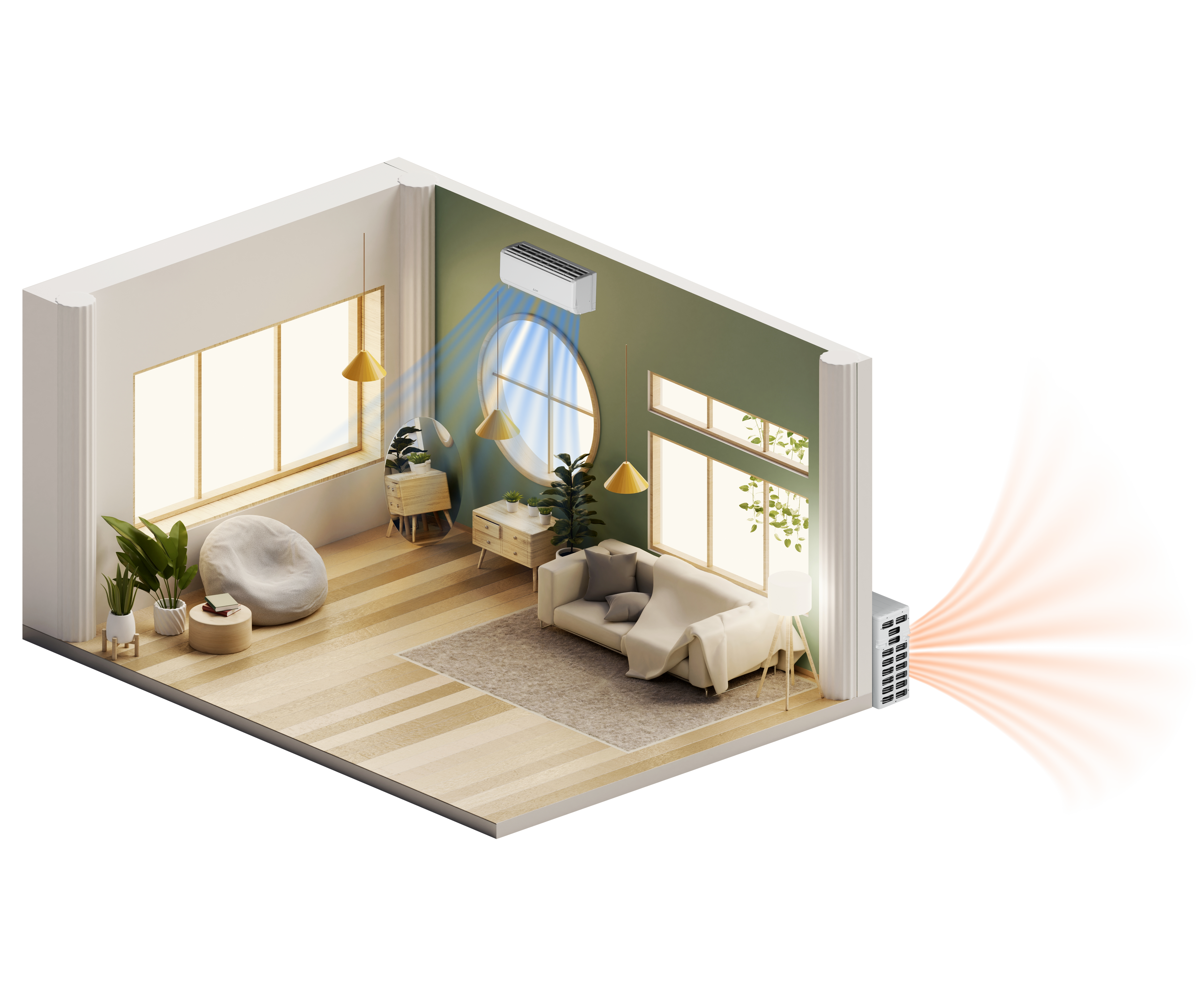Single-zone ductless cooling illustration showing one indoor unit connected to one outdoor unit